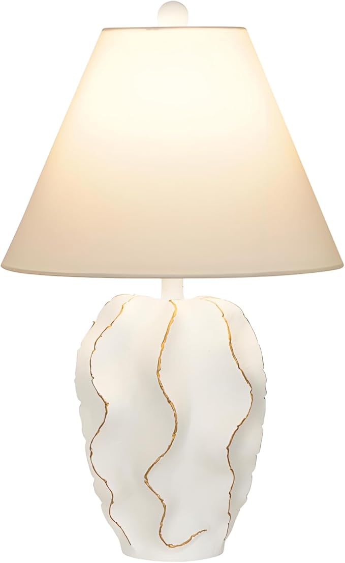 Modern Accent Table Lamp 20.4" High White＆Gold Sculptural Geometric Textured Urn Tapered Fabric Conical Shade Bedside Nightstand Lamps for Bedroom Living Room House Home Office