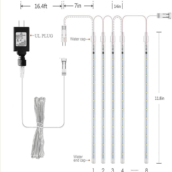 Christmas Lights Outdoor, Meteor Shower Falling 12 inch 8 Tubes Icicle Snow Raindrop Lights for Xmas Tree Holiday Party Decoration, UL Plug, Wram White