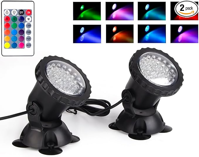 SHOYO Pond Lights Color Changing Spotlights, Underwater Fountain Lights IP68 Waterproof RGB Memory Dim Adjustable Submersible for Outdoor Waterfall Pond Fountain Pool, 2 in Set