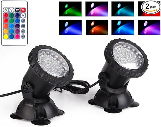 SHOYO Pond Lights Color Changing Spotlights, Underwater Fountain Lights IP68 Waterproof RGB Memory Dim Adjustable Submersible for Outdoor Waterfall Pond Fountain Pool, 2 in Set