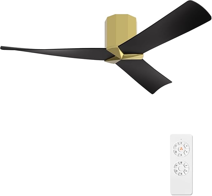 WINGBO 52" Ceiling Fan no Light - Brass and Black DC Flush Mount Ceiling Fan, 3 ABS Plastic Curved Blades, 6 Speed Reversible DC Motor, Hugger Ceiling Fans No Light for Kitchen, Bedroom, Living Room
