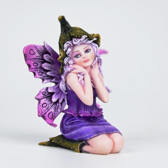 Fantasy Leaf-Hat Daydream Fairy Figurine, 8cm Purple Gradient Wings Elf Statue, Hand-Painted Resin Decor for Desk, Mini Fairy Garden & Shelf
