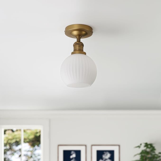 Industrial Globe Semi Flush Mount Pendant Ceiling Light with White Glass Lampshade, Vintage Close to Ceiling Light Fixture for Porch, Hallway, Entryway, Kitchen, Bedroom, Hotel