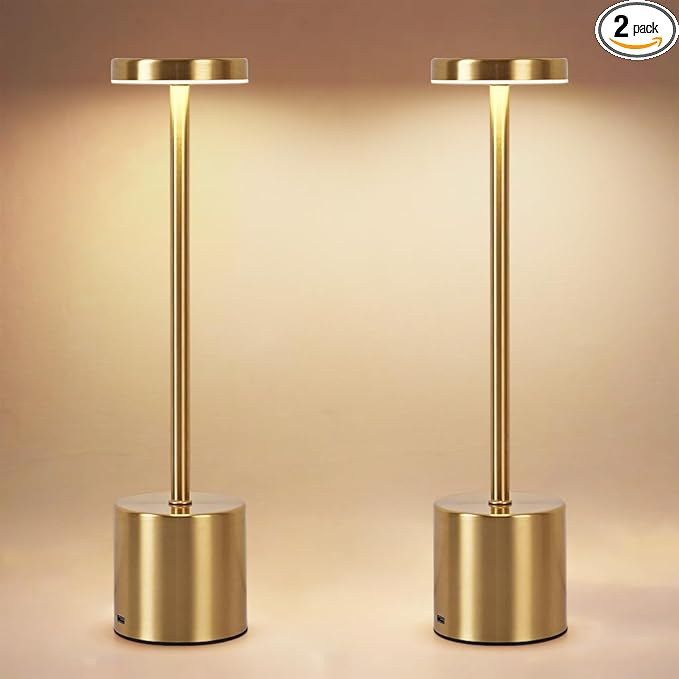 2 Pack LED Rechargeable Cordless Table Lamps,Portable Outdoor 5000 mAh Battery Operated Table Light Touch Control 3 Color Dimmable Touch Lamp for Patio/Cofee/Restaurant/Camping/Dining/Bedroom-Gold