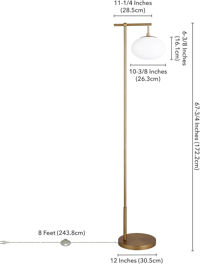 Henn&Hart 68" Tall Arc Floor Lamp with Glass Shade in Brushed Brass/Mil White, for Home, Living Room, Bedroom, Entertainment Room, Office, Kitchen, Dining