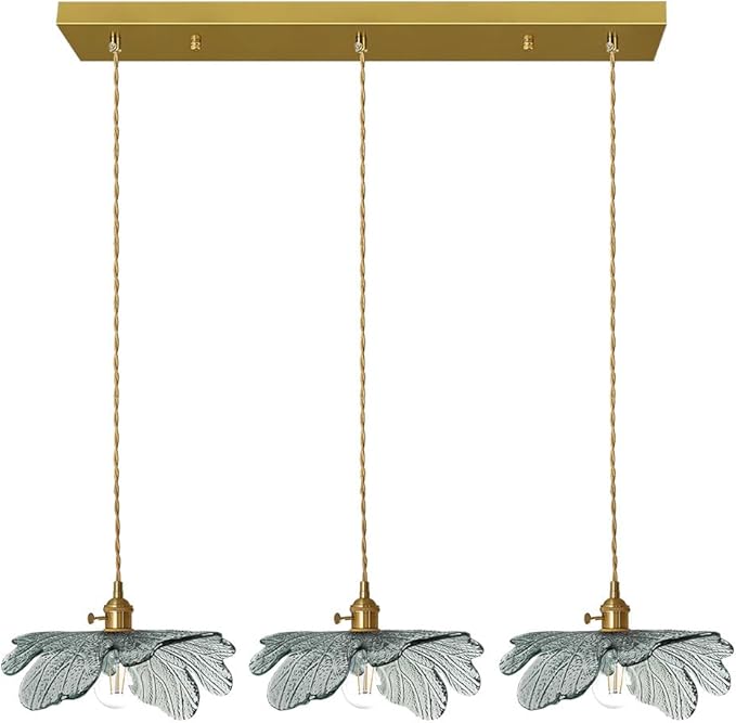 Island Pendant Lights for Kitchen 3 Light Modern Pendant Light Hand Blown Large Glass Chandelier Gold Pendant Light Vintage Chandelier with Dark Green Glass Shade for Dining Room Bedroom