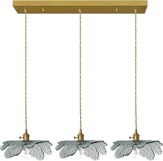 Island Pendant Lights for Kitchen 3 Light Modern Pendant Light Hand Blown Large Glass Chandelier Gold Pendant Light Vintage Chandelier with Dark Green Glass Shade for Dining Room Bedroom