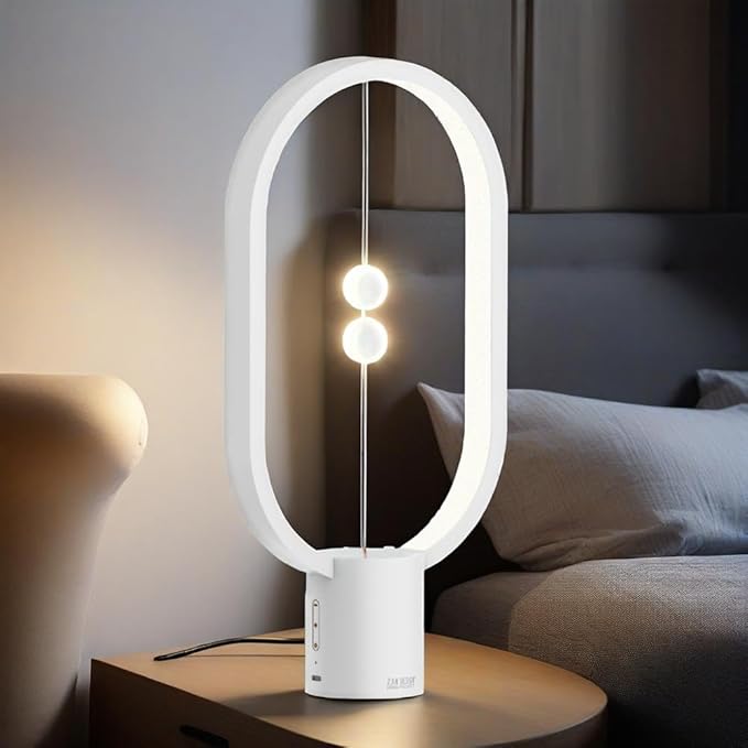 Heng Soft-Glow Balance Desk Lamp for Nightstand Or Bed - Modern Table Mood Lighting with Dimmer Switch - Cute Decorative Gift for Bedroom, Living Room, Office & Dorm (White)