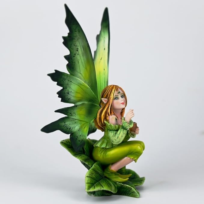 Fantasy Leaf Base Fairy Figurine, 5.9 Inch Green Elf Statue, Hand-Painted Resin Indoor Outdoor Decor for Garden, Desk, Plant Pot (Green Gradient)