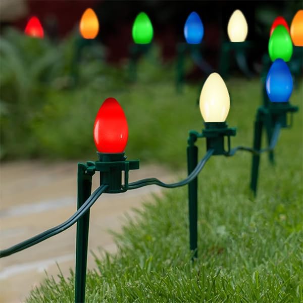 50FT C7 LED Multicolor Christmas Lights, Outdoor String Lights with 55 Multicolor LED Ceramic Bulbs(5 spare), Vintage Christmas Lights for Indoor Outdoor Xmas Tree Home Party Decorations, Green Wire
