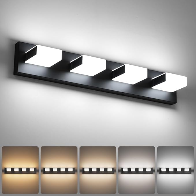 Aipsun 5 Color Temperature 4 Lights Black LED Vanity Lights Dimmable Acrylic Modern Matte Black Bathroom Vanity Lighting Fixtures Bathroom Wall Light Fixtures Over Mirror