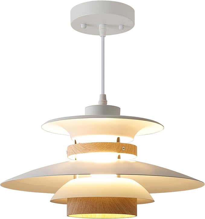 Modern Decor Adjustable Pendant Lamp Kitchen Island, Aluminum and Wood Finish,1-Light E26 Base Ceiling Hanging Light for Dining Room Shop Restaurant (White+Light Wood Grain, 40cm)