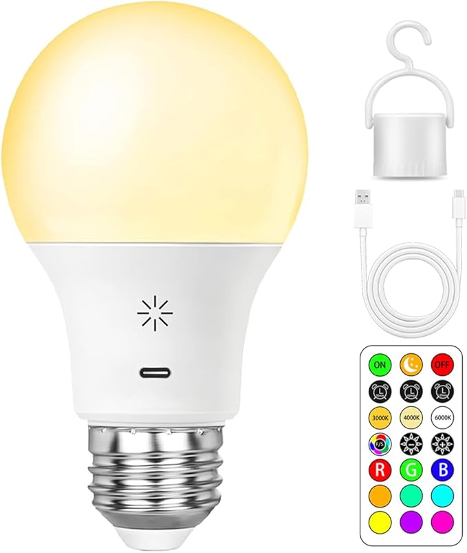 LED Rechargeable Light Bulbs with Remote ＆ Touch Dimmable, E26 Battery Operated Light Bulb for Lamps, RGB 12 Colors, 2600mAh USB Battery Backup Light Bulb with Timer, A19 Small Light Bulbs 1 Pack