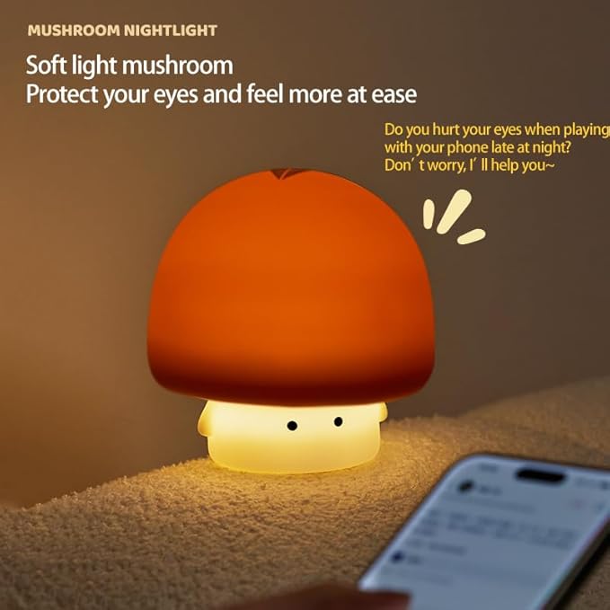 Cute Baby Night Light for Kids,Rechargeable Dimmable Silicone Nursery Toddler Mushroom Nightlight,Squishy Bedside Lamp for Night Stands,Fun Decor for Children,Children's Day Gift(Brown)