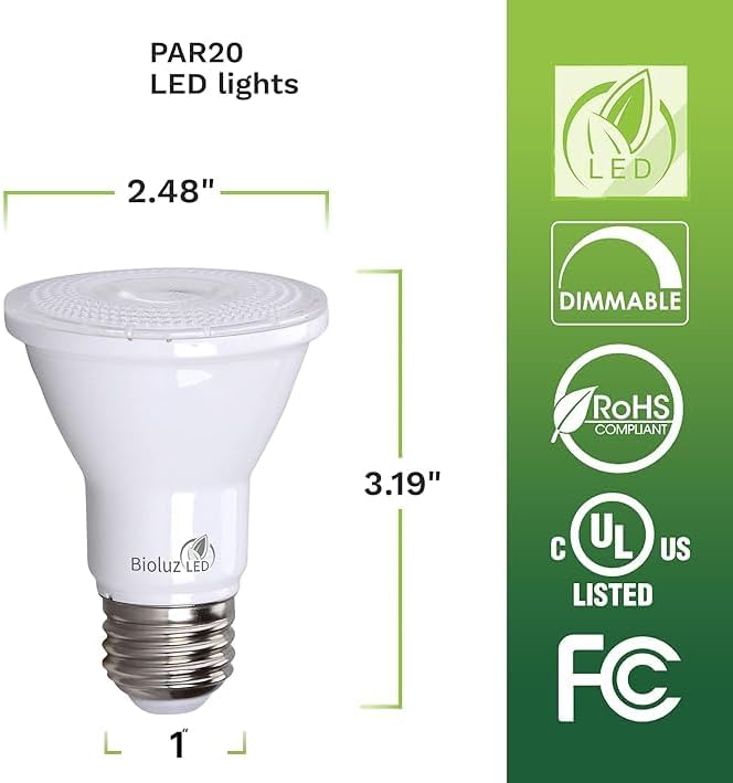 Bioluz LED PAR20 5000K Daylight LED Bulbs, 90 CRI, Dimmable LED Light Bulb, 5.5W = 75W Replacement, E26 Standard Base, 40° Beam Angle, UL Listed, Dimmable Light Bulbs, Incandescent Light Bulbs, 20Pk