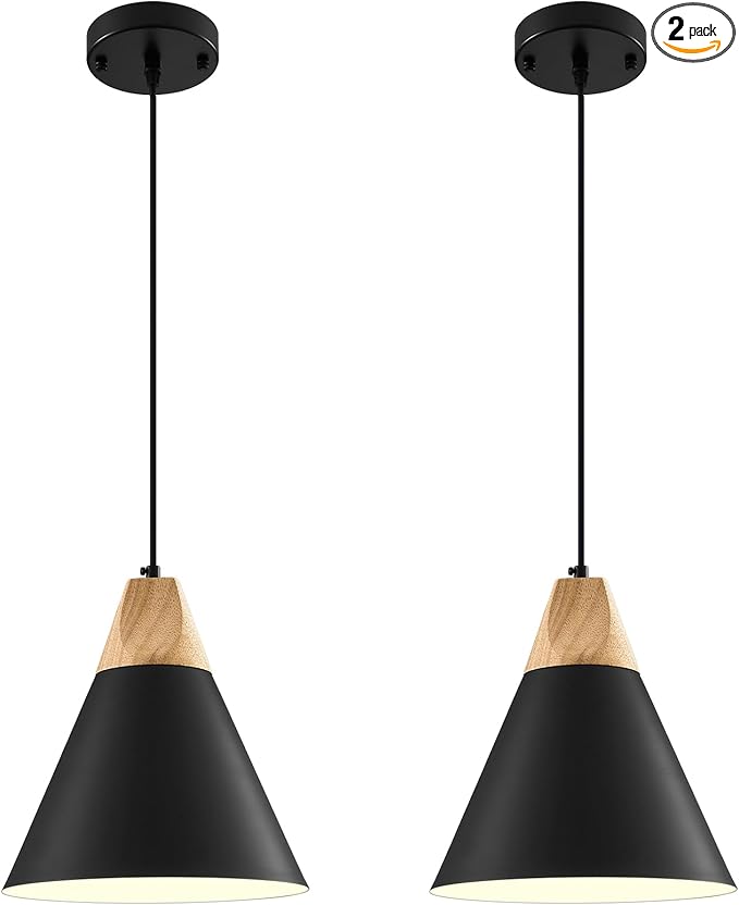 Black Pendant Light 2 Packs,9.4inches- Farmhouse Pendant Light, Modern Pendant Lights, Kitchen Pendant Lights for Office, Bedroom, Living Room, Kitchen Island