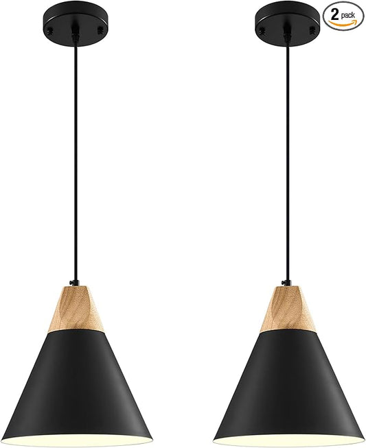 Black Pendant Light 2 Packs,9.4inches- Farmhouse Pendant Light, Modern Pendant Lights, Kitchen Pendant Lights for Office, Bedroom, Living Room, Kitchen Island