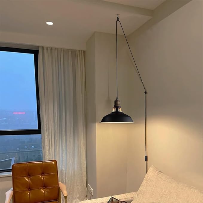 CLAXY Plug in Pendant Lights Adjustable Hanging Pendant Light Fixture with Black Barn Shade On/Off Switch Swag Pendant Lamp Set of 2