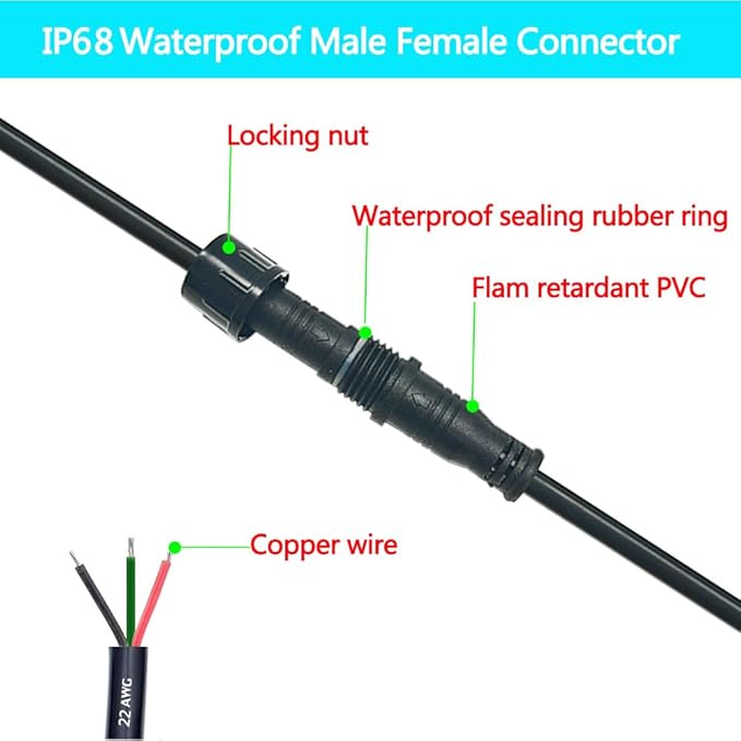 Waterproof Connector 3 Wire,22AWG 3Pin Male Female Plug LED Connector with IP68,30CM Extension Cable for Car,LED Strip Lights(3Pack)
