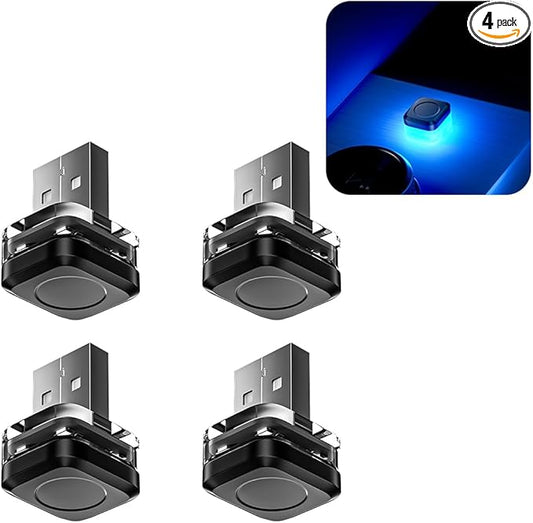 4PCS Car Interior USB LED Light, Portable Plug-in Bright Vehicle Atmosphere Decor Lamp, Small Automotive Inside Decoration Ambient Night Light Kit, Universal for SUV Van Truck (Blue)