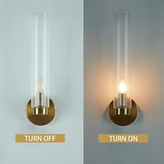 Fluted Textural Glass Wall Sconce, Modern Indoor Vanity Light, Glass Tube Wall Light Fixture with Metallic Finish, Wall Light fixtures for Bathroom, Mirror, Living Room, Bedroom (Brass)