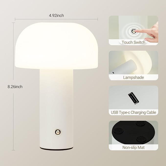 Cordless Mushroom Table Lamp Rechargeable,4000mAH Portable Battery Operated Lamp,3 Color Stepless Dimming Modern Lamps for Bedside Lamps,Touch Dimming Night Light for Home/Restaurant White
