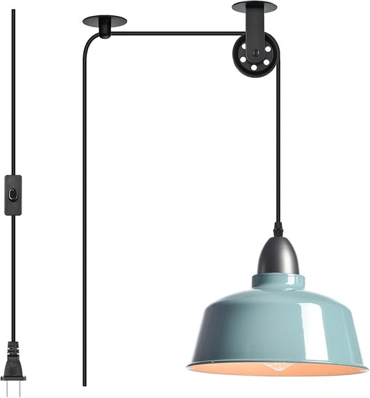 Plug in Pendant Light, Blue Farmhouse Hanging Lights with Plug in Cord, Pulley Hanging Lamp, Industrial Pendant Lights Fixture for Kitchen Island, Bedroom, Dining Room, Living Room, Office