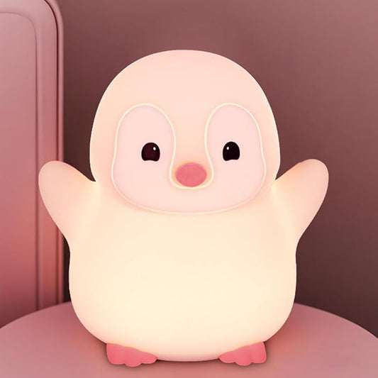 Pink Penguin Night Light,Food Grade Soft Silicone Nursery Nightlight for Baby,LED Squishy Novelty Animal Bedside Lamp,Rechargeable/Dimmable/Timer,Funny Gifts for Kids Girls Adults Teens