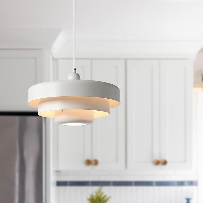 13.8" White Industrial Pendant Light, Mid Century Modern Nordic Adjustable Hanging Lamp for Kitchen Island, Dining Room, Living Room, Hallway Ceiling Light Fixture