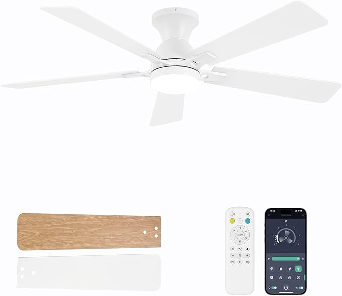 Ceiling Fans with Lights and Remote, 52 Inch White Ceiling Fan with Light, Low Profile Reversible Fandelier Ceiling Fan, Dimmable LED, Flush Mount, Quiet DC Motor, for Bedroom Kitchen