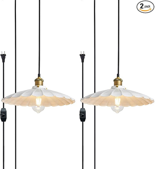 Hanging Lamp Plug in White 15.7 Inch Metal Lampshade Pendant Light Adjustable 14Ft Cord Pendant Light Plug in Living Room Bedroom Farmhouse Industrial Hanging Lights 2Pack