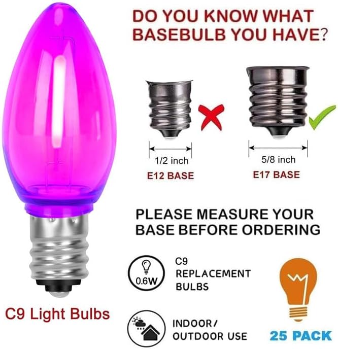 25 Pack C9 Replacement Christmas Light Bulbs, 0.6 Watt C9 Multicolor Clear LED Light Bulbs for Christmas Indoor Outdoor Patio Halloween Party String Lights, C9/E17 Candelabra Base