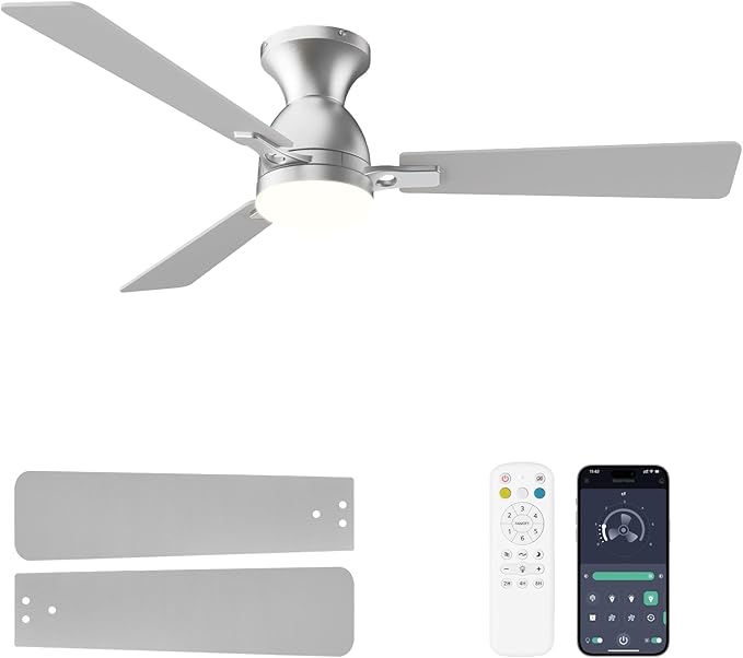 Ceiling Fans with Lights and Remote, 52 Inch Ceiling Fan with Light, Low Profile Reversible Ceiling Fans, Dimmable LED, Flush Mount, Quiet, DC Motor, Nickel Ceiling Fan for Bedroom, Kitchen
