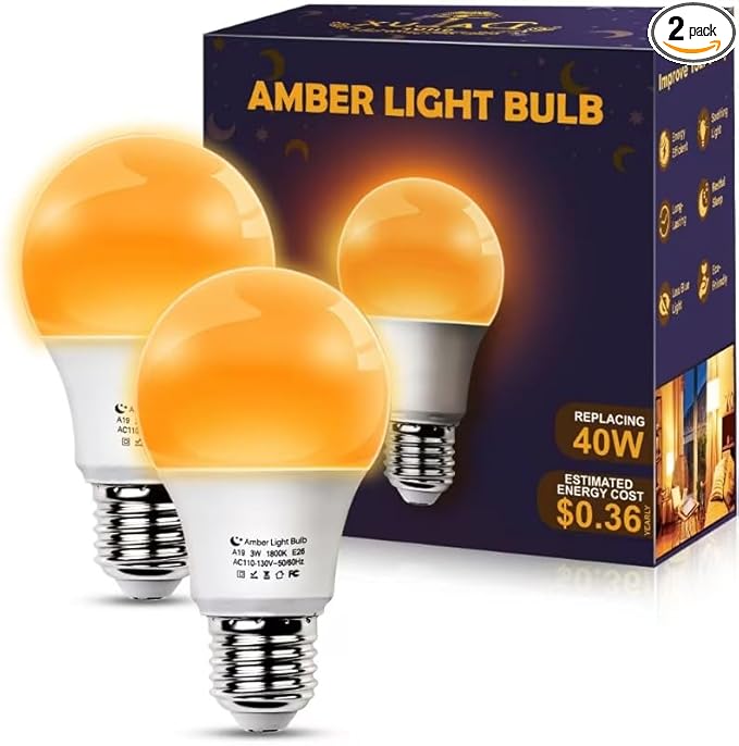 Amber Sleep Light Bulbs, Blue Light Blocking, A19 3W(40 Watt Equivalent) Dim Light Bulbs for Lamp, 1800K Warm Light Bulb, E26 for Healthy Sleep, Bedroom, Kids Room, 2 Pack
