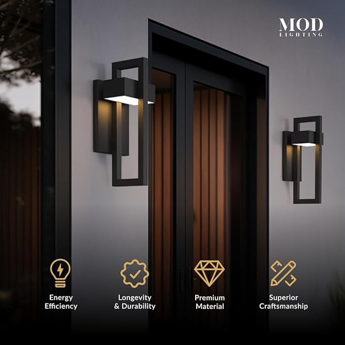 𝗠𝗢𝗗 𝗟𝗜𝗚𝗛𝗧𝗜𝗡𝗚 Terri | Modern Outdoor Wall Lights LED 10W, Exterior Wall Sconce Lights, Stainless Steel Outdoor Light Fixture, Waterproof IP65, 1 Pack (Black | Warm White 3000K | Small 14")