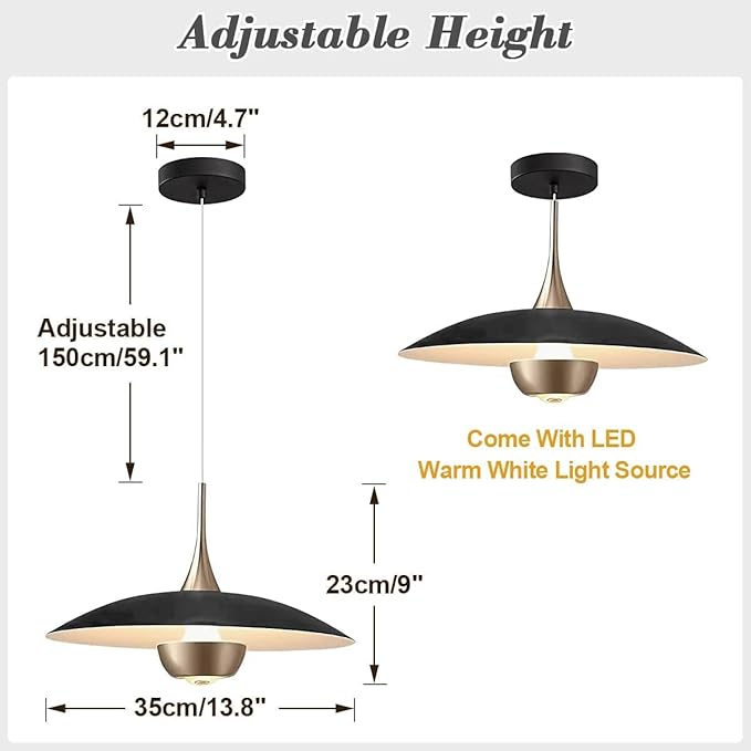 KCO Lighting Modern Black Metal Pendant Lamp Brass Gold Kitchen Island Pendant Light Industrial Matt Black Barn Pedant Lighting Adjustable Retro Vintage Farmhouse Hanging Dining Lights Fixture