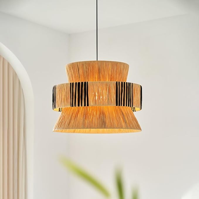 Hallway Pendant Light Fixtures Boho Rattan Chandelier Light 1-Light 15.7“ Wide Large Raffia Ceiling Hanging Light Hand Woven Pendant Lamps for Kitchen Island Dining Room