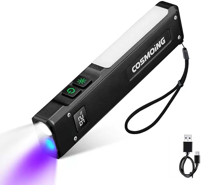 Rechargeable EDC Flashlight, 1800 Lumens Flat Flashlight 9 Mode with White LED/UV/RGB Modes, Magnetic Clip-on Pocket Flash Lights for Camping, Emergency, Repair, Pet Urine Detection, Working - Black