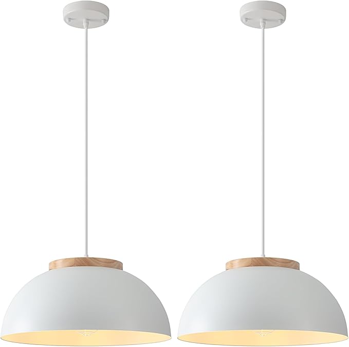 White Pendant Light 2 Pack, 16" Large Pendant Lights Kitchen Island with Wooden Holder, Farmhouse Pendant Light Fixtures for Dining Room, Living Room, Bedroom, Entryway, Hallway, Bar, Sink
