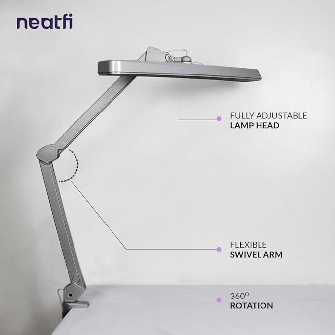 Neatfi Task Lamp – 2,500 Lumens, 30W, 22-Inch Wide Shade, 4 Brightness Levels, Eye-Caring Light, Clamp Mount, LED Task Light for Manicure Table, Crafts, Workbench, Office (Non-CCT, Silver)