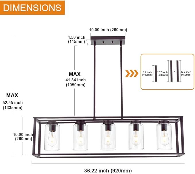 VINLUZ 5-Light Kitchen Island Chandeliers Oil Rubbed Bronze Modern Linear Cage Pendant Lighting with Clear Glass Shades Farmhouse Ceiling Light Fixtures Hanging for Dining Room Living Room