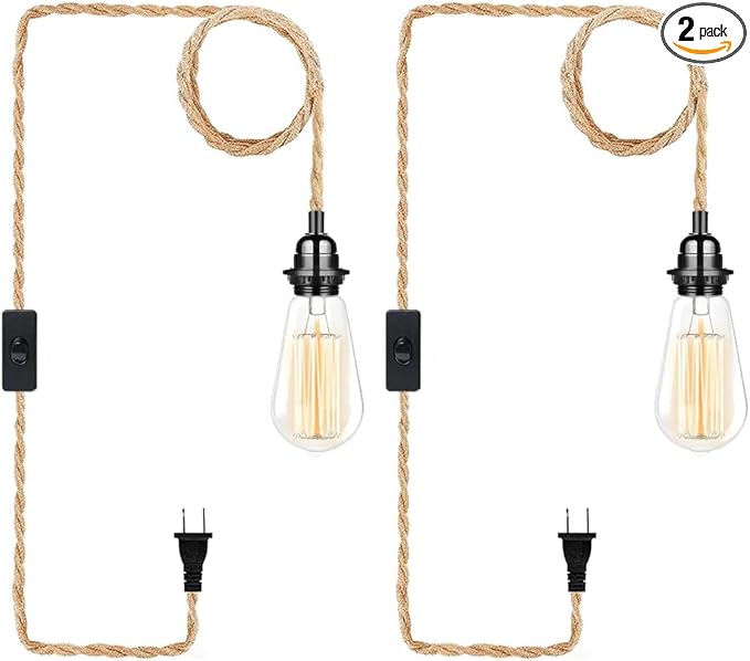 Industrial Hanging Light with Plug in Cord - Hemp Rope On/Off Switch, Farmhouse Pendant Light for Dining Room