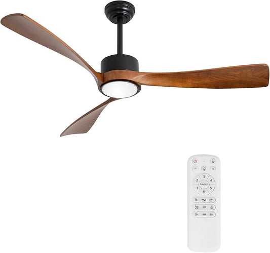 52inch Ceiling Fan with Lights,Wood Ceiling Fans with Remote Control,Dimmable Light,3 CCT,6 Speeds,Noiseless DC Motor,2 downrod,Ceiling Fan for Bedroom,Living Room,Office,Indoor,Dark Brown