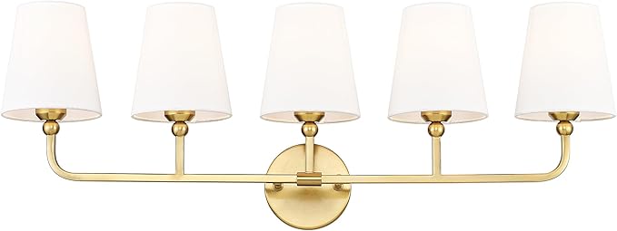 Bathroom Light Fixtures, 5 Light Brushed Gold Vanity Lights with Flared White Fabric Shade, 35 Inch Wall Sconce, Modern Sconces Wall Lighting for Hallway Bedroom, VL837-BG-5