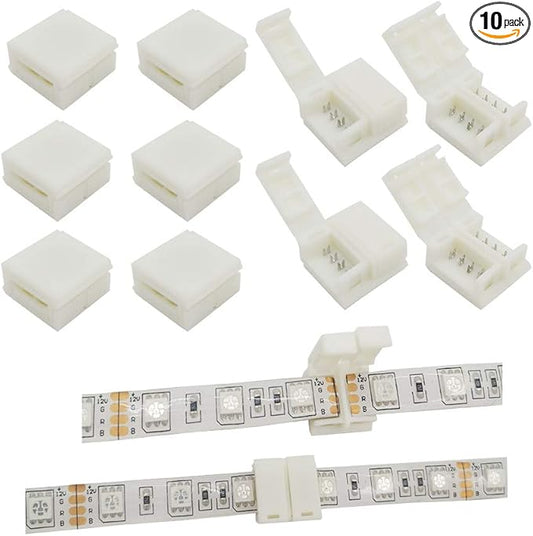 LED Strip Solderless Connector Adaptor for 10mm Wide 5050 RGB Waterproof Led Strip Light (4 Pin RGB Strip Connector), Pack of 10