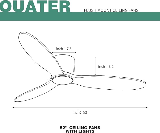 Flush Mount Ceiling Fan no light with Remote, 52 inch Low Profile Wood Ceiling Fan without light for Outdoor, Bedroom, Natural Wood and matte Black, DC Motor, 6 Speed