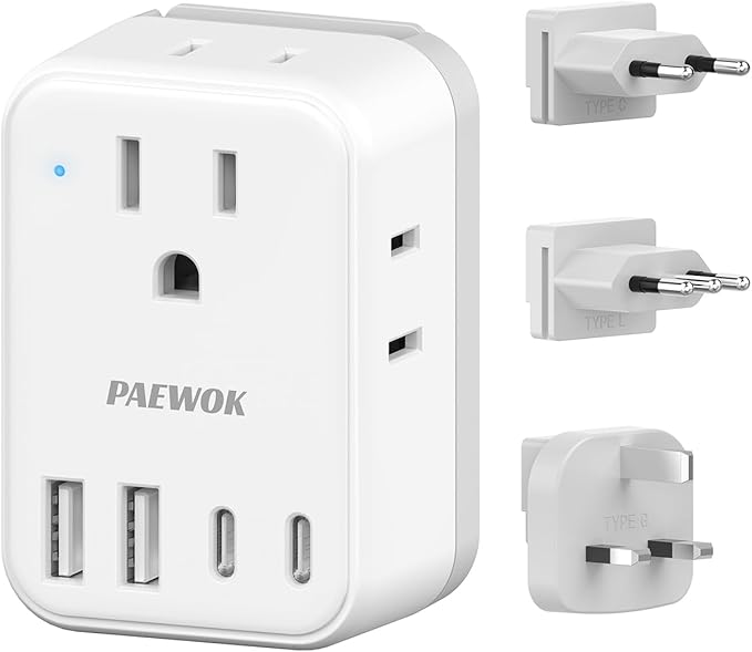 European Travel Plug Adapter Set, 8-in-1 Travel Adapter with 4 AC, 4 USB Ports (2 USB C), US to EU/UK Italy France Germany, International Power Adapter with Type G/C/L Detachable Plugs