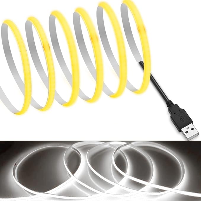 MDee】USB COB Tape Light LED Strip.9.84ft/3m- Flexible 5mm Hidden DC 5V LED Tape with 320 LEDs/m for White (6000K) Lighting. Cuttable, Shapeable, USB Powered. Ideal for Kitchen