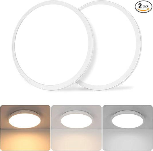DELIPOP 2 Pack 12 Inch Ceiling Light, 24W Dimmable & 3000K-4500K-6000K 3 Color Selectable Ceiling Light for Indoor/Outdoor, Round Light Fixture for Bathroom, Bedroom, Kitchen, Hallway, Balcony