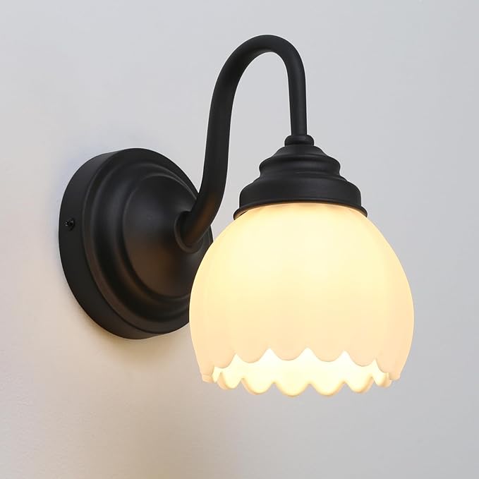 Pathson Milk White Wall Sconce Lamp with Tulip Thicken Glass, Modern Bathroom Sconce Hardwired Wall Vanity Light Indoor Decor for Mirror Living Room Foyer Loft Bedroom Farmhouse Lighting
